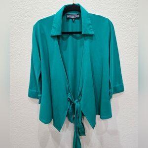J. Peterman Teal Green Tie-Front Tunic Blouse Cardigan - Vintage Small